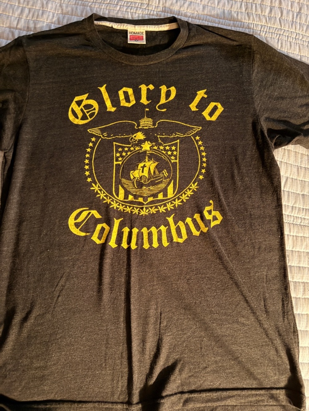 HomageT-Shirt with Yellow 'Glory to Columbus' Graphic